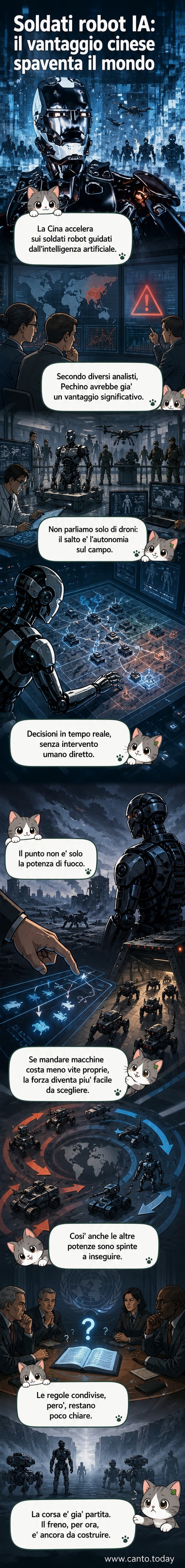 Un robot militare con occhi digitali rossi avanza su un campo di battaglia futuristico, con droni e strutture tecnologiche in fumo sullo sfondo.
