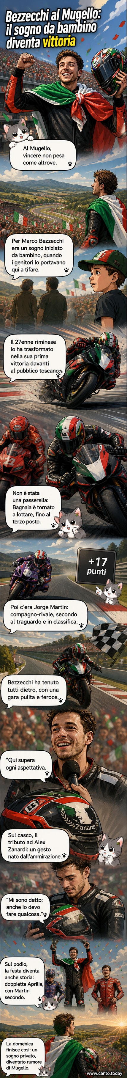 Marco Bezzecchi sul podio del Mugello con il casco dedicato ad Alex Zanardi, braccia alzate e bandiera italiana