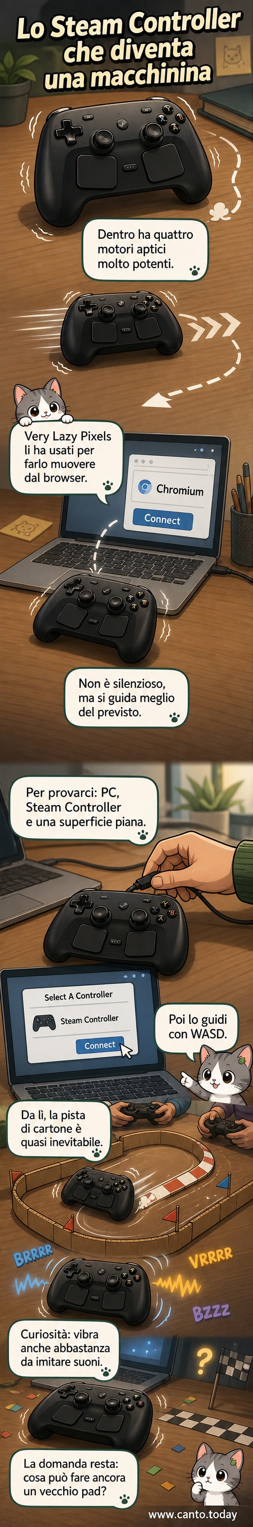 Un controller Steam posizionato su una scrivania che si muove autonomamente grazie alle vibrazioni interne, con luci LED accese.