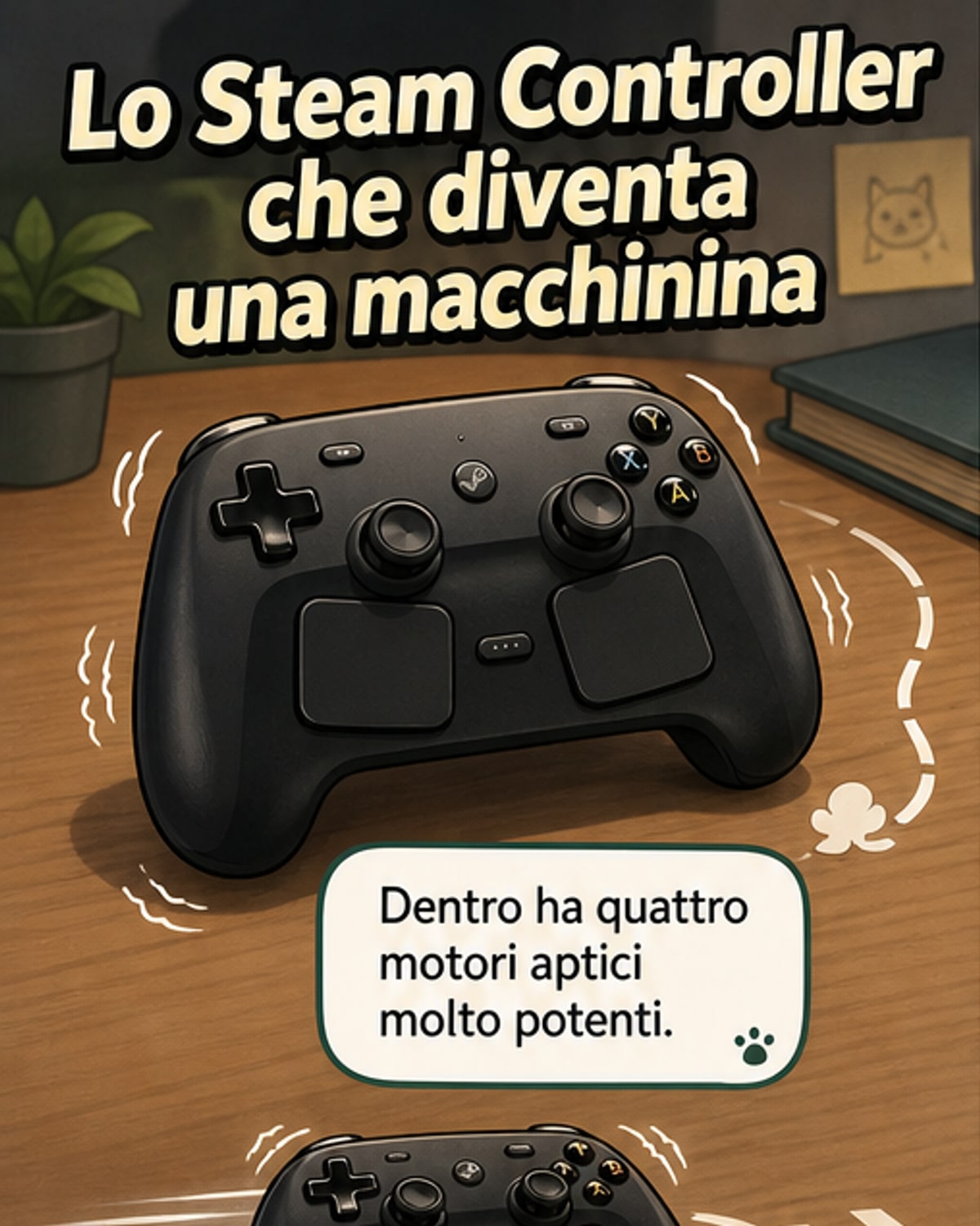 Un controller Steam posizionato su una scrivania che si muove autonomamente grazie alle vibrazioni interne, con luci LED accese.