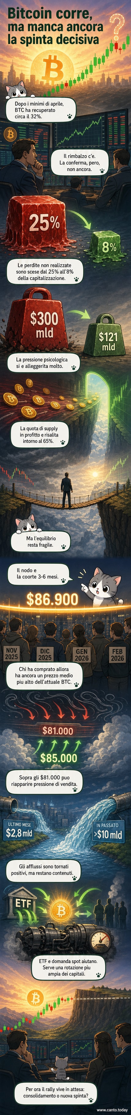 Illustrazione di Bitcoin con grafici in background che mostrano trend contrastanti: segnali di ripresa ma ostacoli strutturali ancora presenti.