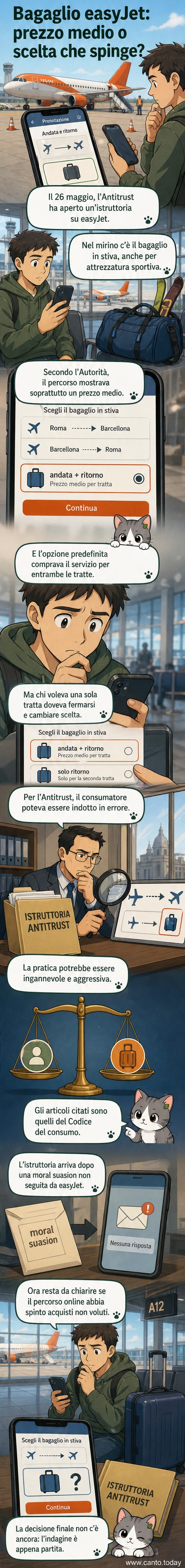 Illustrazione di una valigia con un segno di stop e il logo di easyJet, con icone di smartphone e sito web che mostrano un prezzo cumulativo evidenziato.