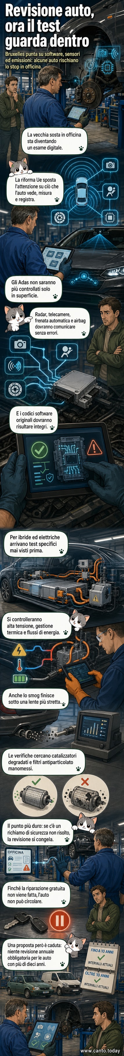 Illustrazione di un'auto in officina con tecnici che esaminano schermi digitali e componenti elettronici, simbolo della nuova revisione tecnologica in Europa.