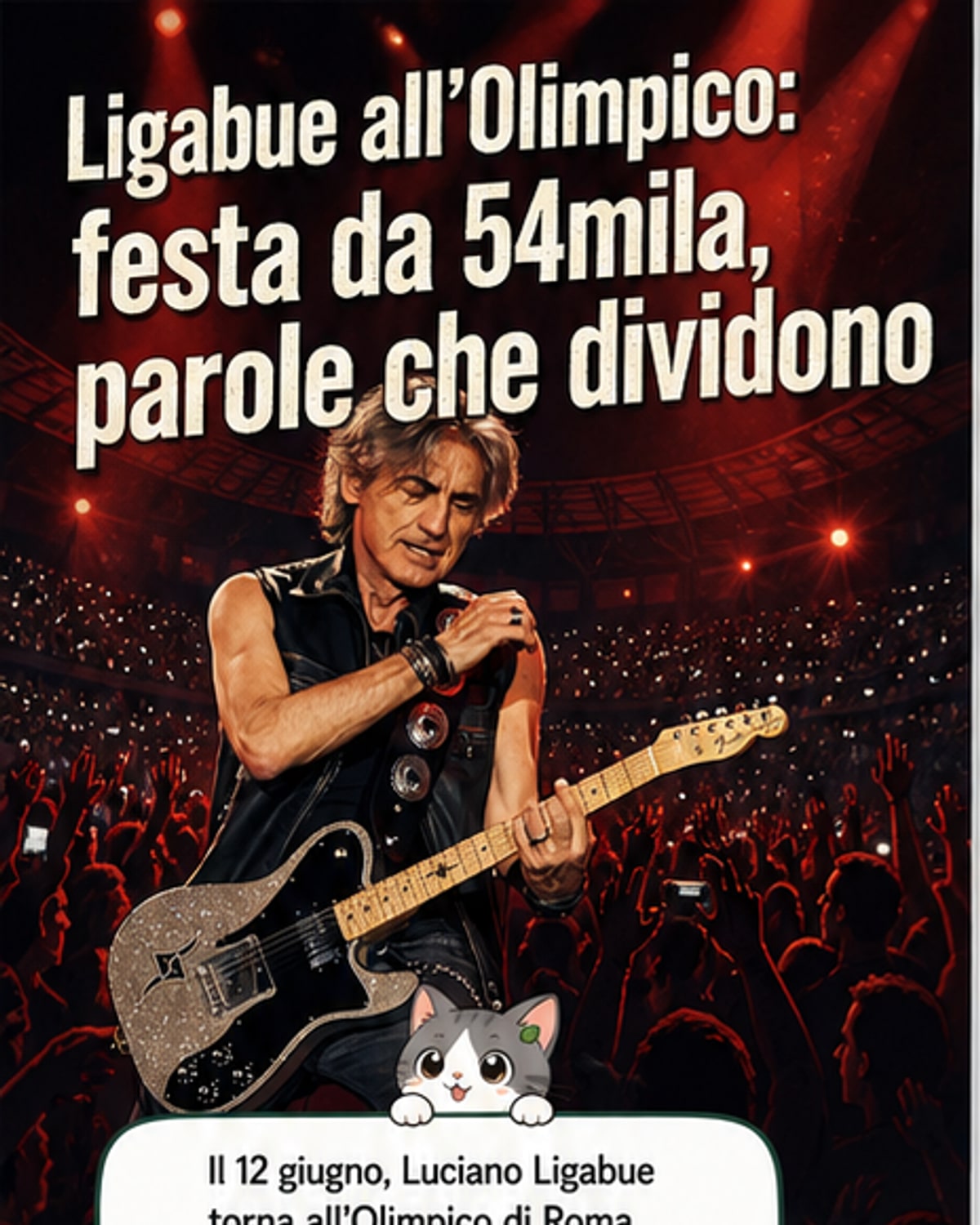 Luciano Ligabue sul palco dello Stadio Olimpico di Roma, illuminato da luci blu e rosse, con il pubblico in piedi che canta