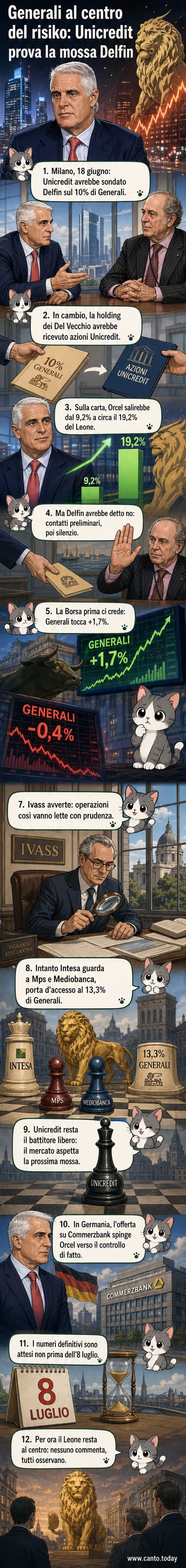 Illustrazione stilizzata del Leone di Trieste (Generali) con Unicredit e Delfin che trattano uno scambio di azioni, con grafici di Borsa sullo sfondo.