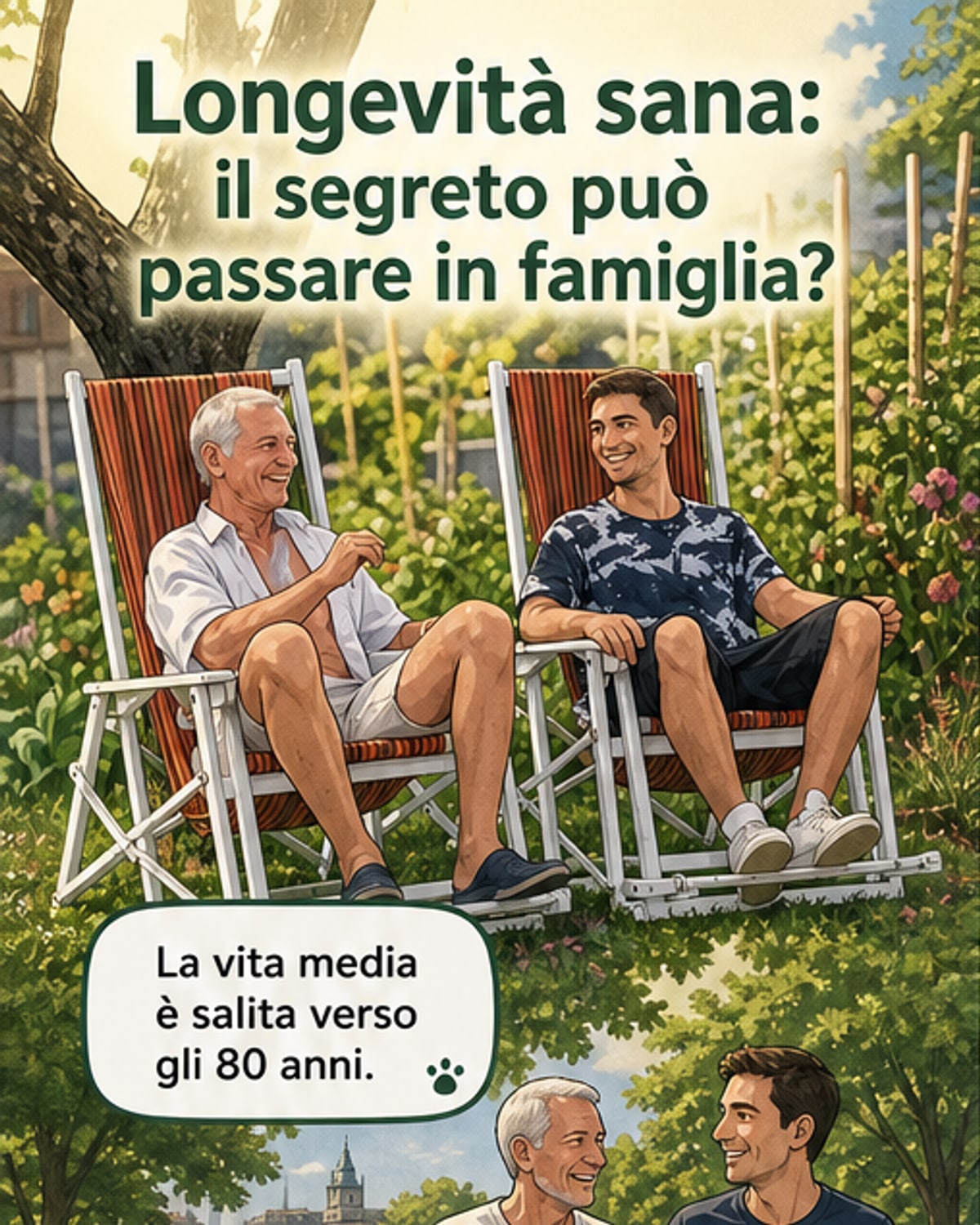 Illustrazione di una linea familiare con DNA che si trasmette tra generazioni, evidenziando il gene CGAS e la riduzione dell'infiammazione.