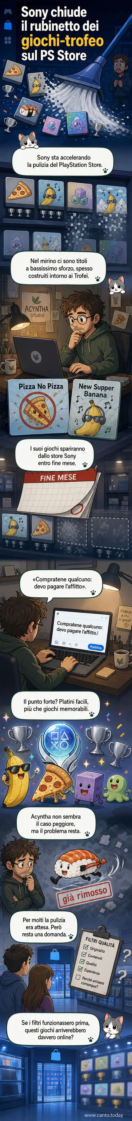 Illustrazione satirica di un controller PlayStation che butta nel cestino giochi con titoli assurdi come 'Pizza No Pizza' e 'New Supper Banana'.
