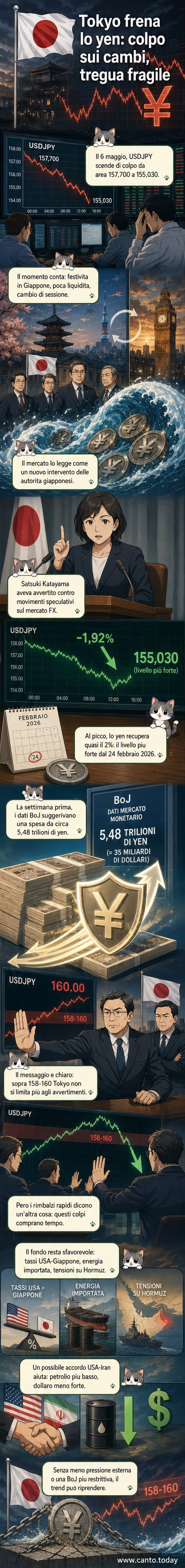 Grafico del cambio USDJPY in forte calo con indicazione di un intervento delle autorità giapponesi, con lo yen che recupera terreno dopo un balzo del 2%.