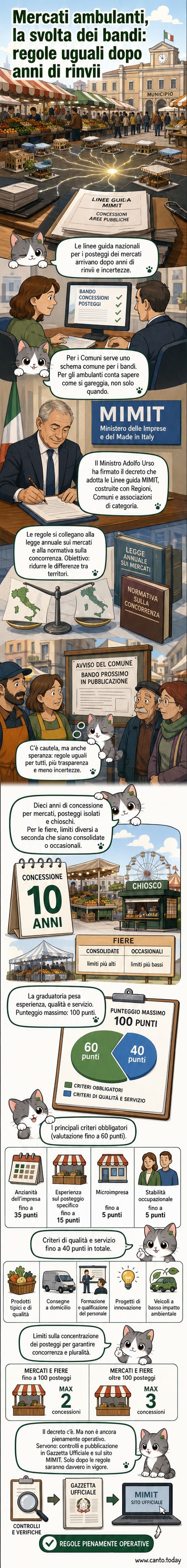 Illustrazione di un mercato all'aperto con banchi di vendita, un documento ufficiale con il logo del MIMIT e un calendario che segna dieci anni.