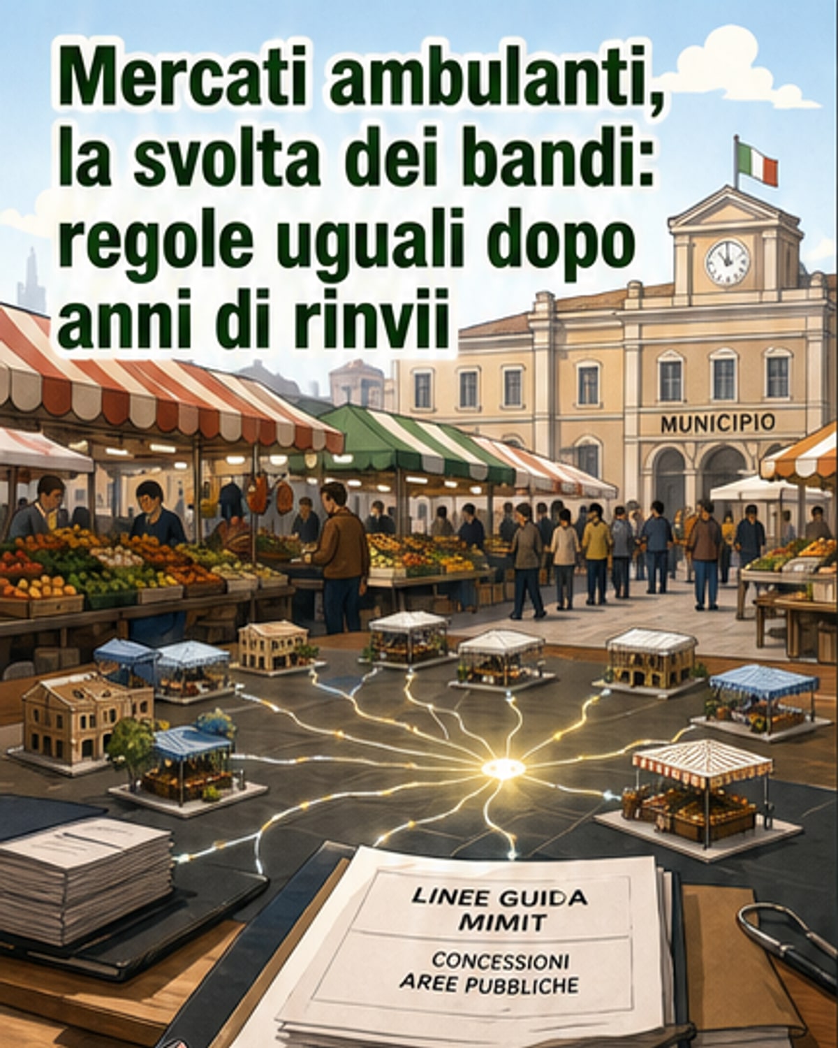 Illustrazione di un mercato all'aperto con banchi di vendita, un documento ufficiale con il logo del MIMIT e un calendario che segna dieci anni.