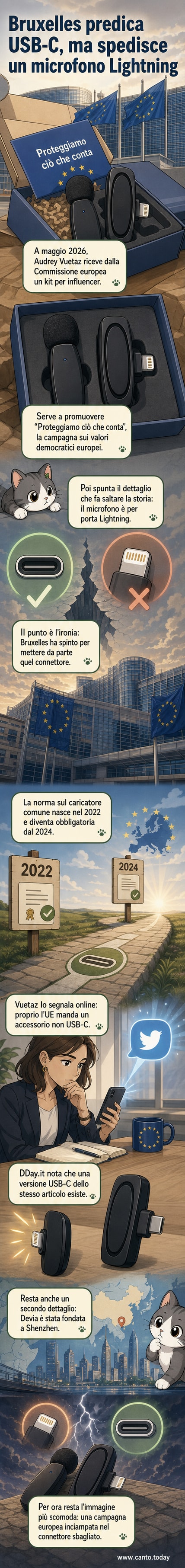 Un kit promozionale della Commissione Europea aperto su un tavolo, con un microfono Lightning in evidenza accanto a un volantino con la scritta 'Protect What Matters'.