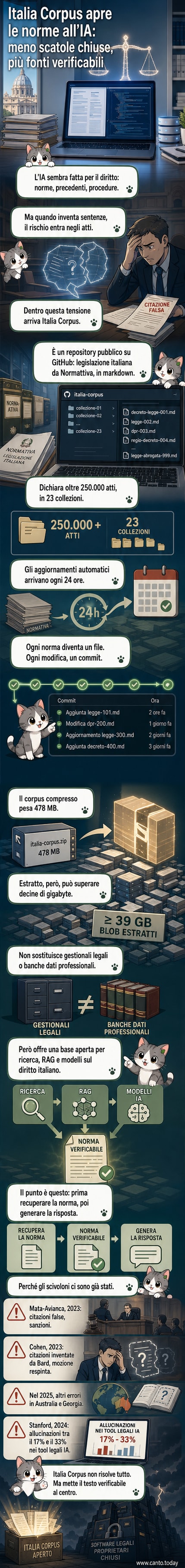 Un laptop mostra il codice markdown di una norma italiana all'interno del repository Italia Corpus su GitHub, con l'interfaccia di un sistema di controllo versioni che evidenzia i commit normativi.