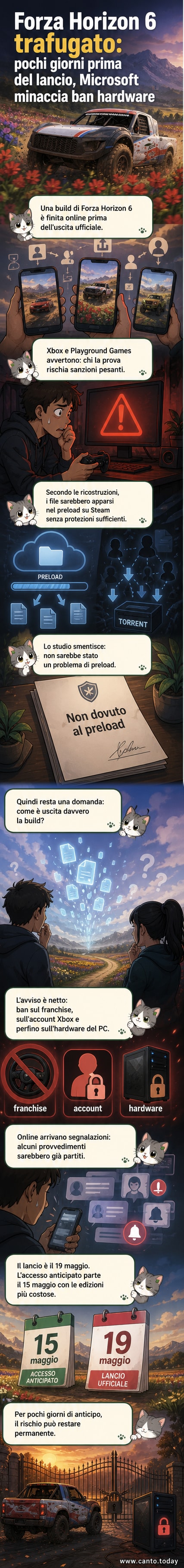 Illustrazione di un volante da gioco con simboli di divieto e un banner 'banned' che copre uno schermo con l'interfaccia di Forza Horizon 6.