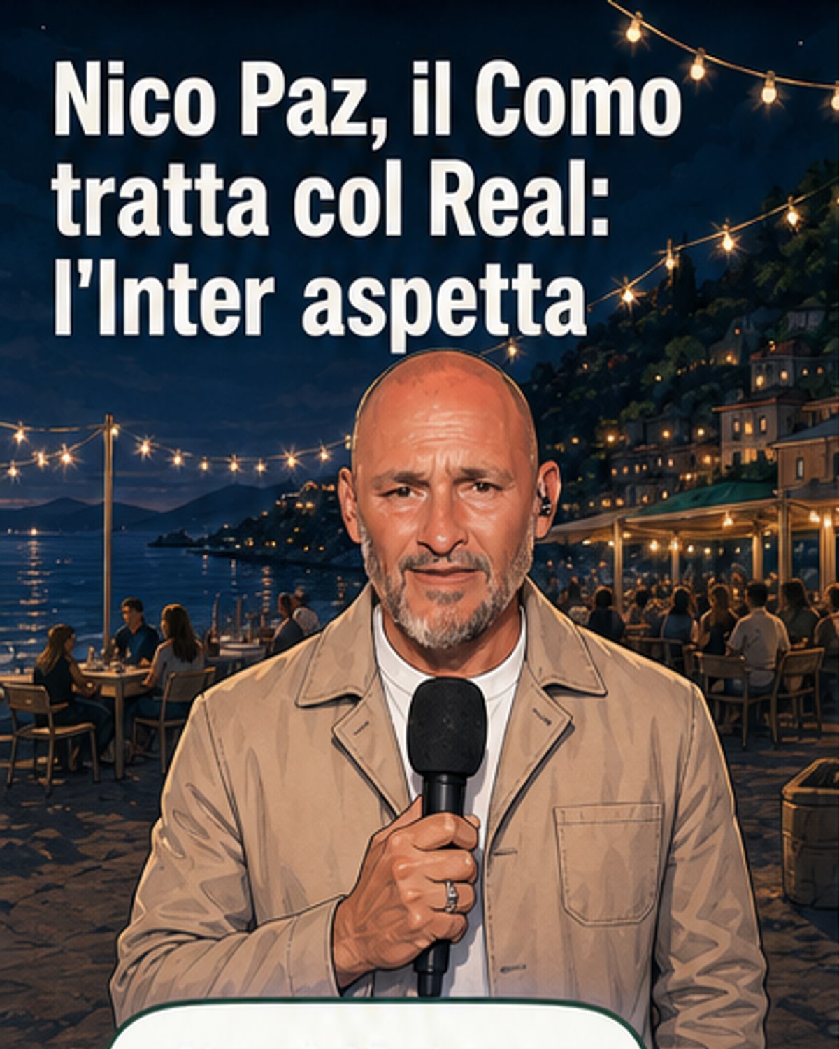 Illustrazione di un campo da calcio con le maglie di Como, Real Madrid e Inter appese a un cartello che indica 'Nico Paz'.