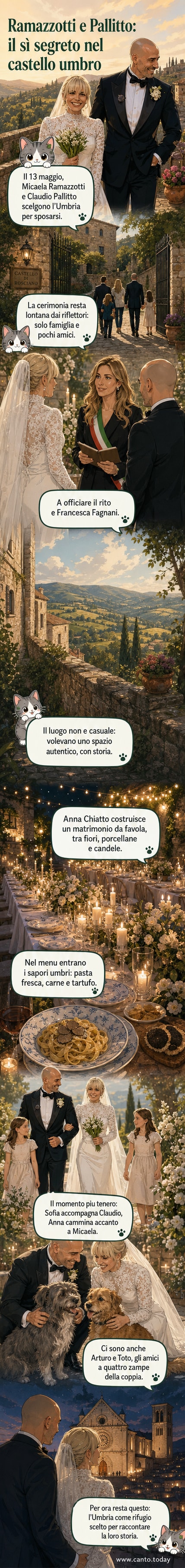 Micaela Ramazzotti e Claudio Pallitto si scambiano il sì in un castello dell'Umbria, circondati da fiori e luci di candele.