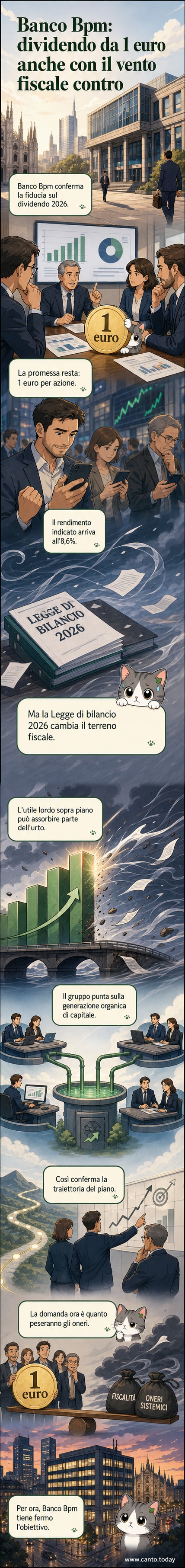 Illustrazione di un grafico in crescita con simboli di monete e una banca stilizzata, che rappresenta la resilienza del dividendo di Banco BPM nonostante le pressioni fiscali.