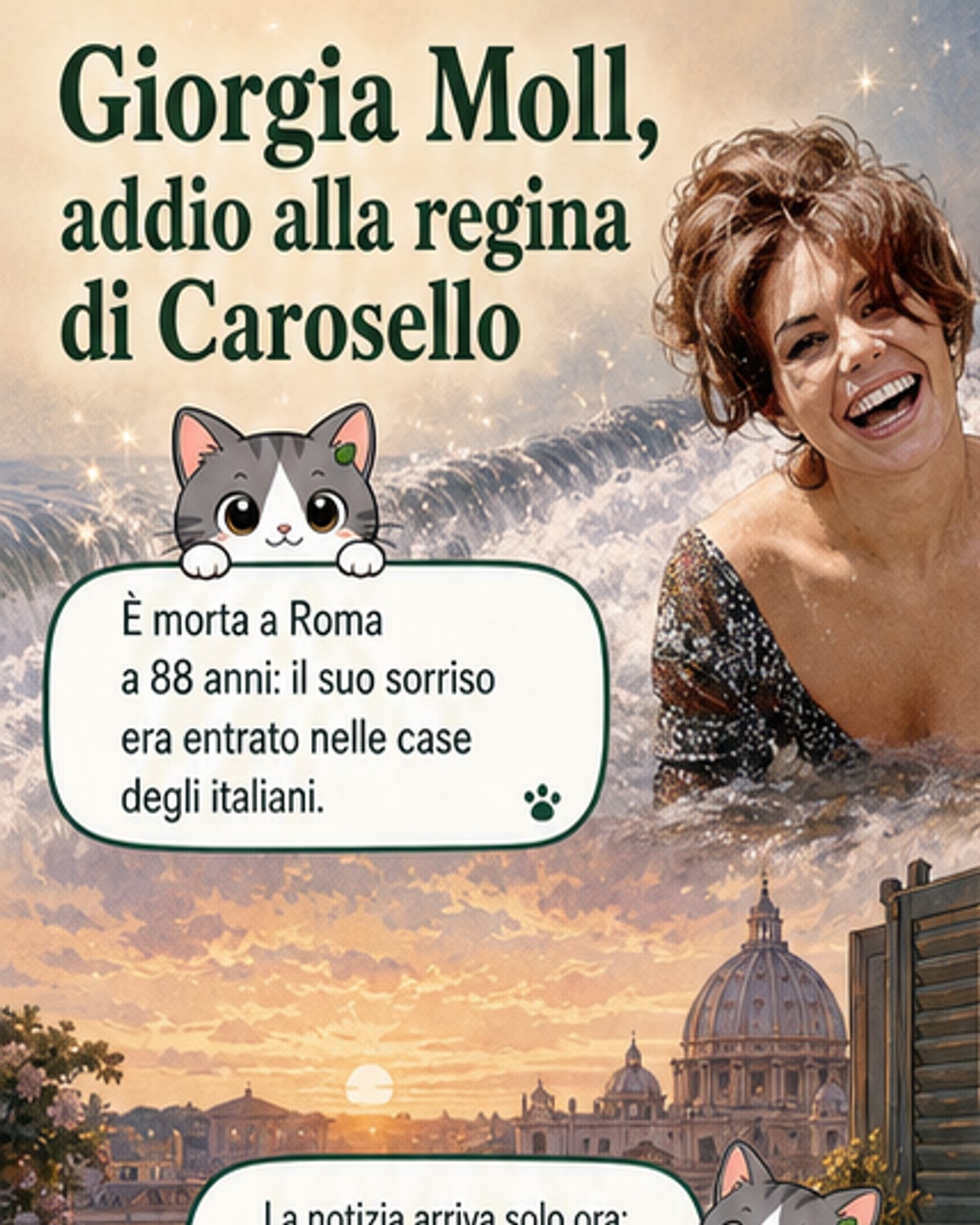 Ritratto in bianco e nero di Giorgia Moll negli anni Sessanta, con lungo abito elegante e sorriso luminoso, simbolo della tv e del cinema italiano dell'epoca