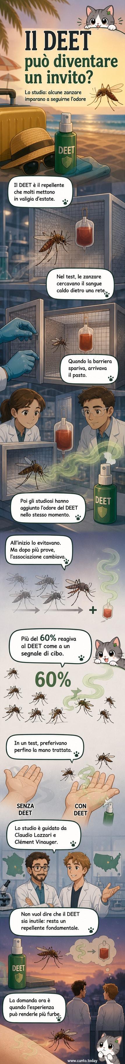 Una zanzara posata su una mano umana con un'etichetta che indica 'DEET', mentre un'ombra di insetti vola verso un odore visibile nell'aria.