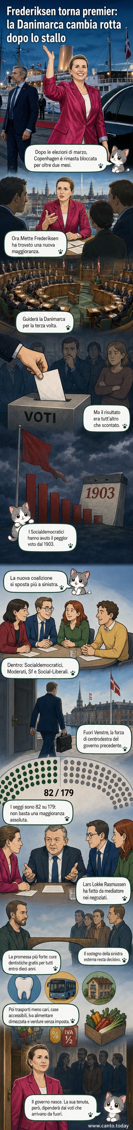 Illustrazione stilizzata di Mette Frederiksen che guida una coalizione politica danese, con simboli dei partiti alleati e icone di riforme sociali come case, denti e verdure.