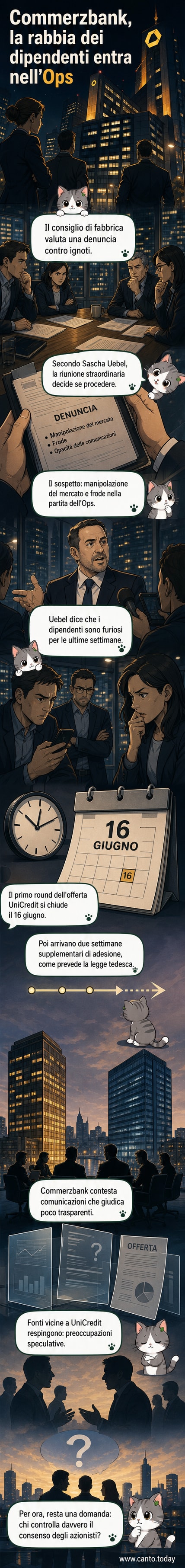 Illustrazione di un tribunale e un grafico azionario con frecce in calo, simboli di una denuncia per manipolazione di mercato nell'ambito di un'offerta pubblica di scambio tra banche.