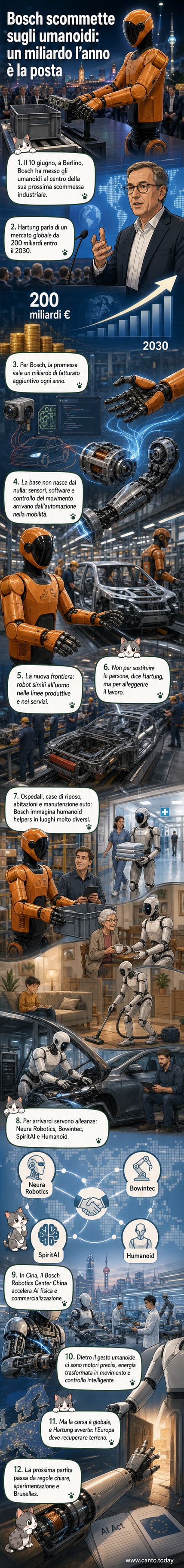 Un robot umanoide in un ambiente di produzione industriale, con tecnologia Bosch integrata, circondato da ingegneri e schermi con dati di performance.