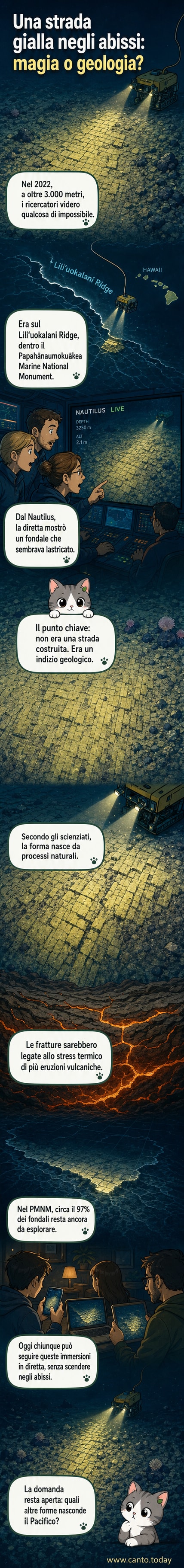 Illustrazione di una strada sottomarina composta da mattoni gialli geometrici sul fondo dell'oceano Pacifico, con un sommergibile robotico in esplorazione.