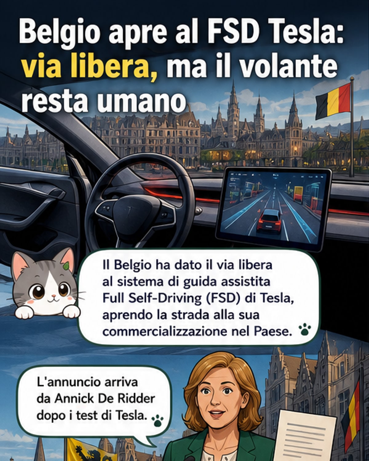 Illustrazione di un'auto Tesla in modalità di guida autonoma su una strada urbana del Belgio, con indicatori digitali che mostrano rilevamento di pedoni e ciclisti.