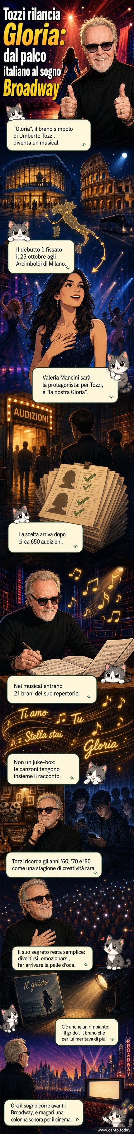 Illustrazione di Umberto Tozzi sul palco con Valeria Mancini vestita da Gloria, luci di teatro in sottofondo