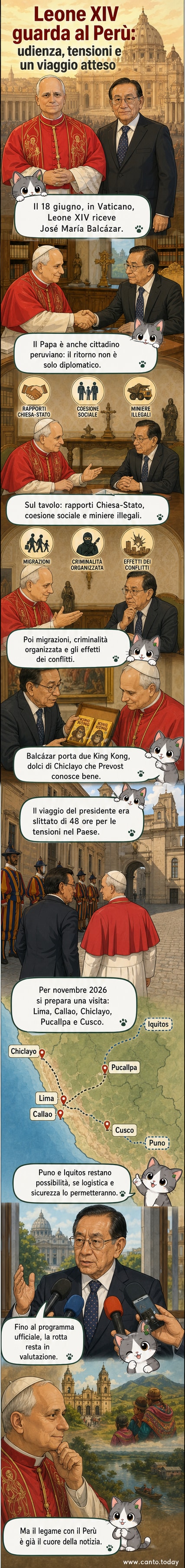 Papa Leone XIV e il presidente del Perù José María Balcázar si stringono la mano in Vaticano, con un tavolo imbandito di doni tradizionali alle loro spalle.