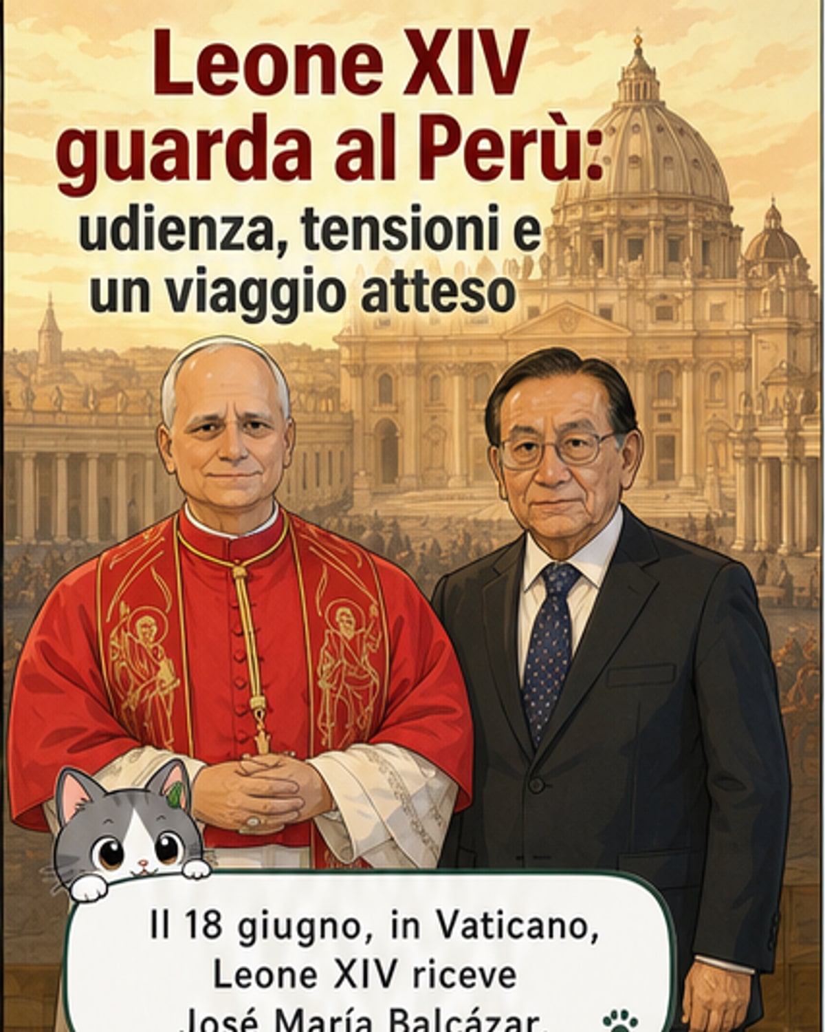 Papa Leone XIV e il presidente del Perù José María Balcázar si stringono la mano in Vaticano, con un tavolo imbandito di doni tradizionali alle loro spalle.