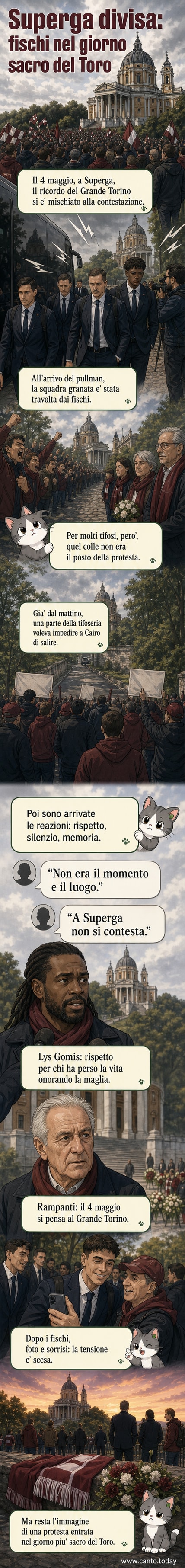 Tifosi del Torino radunati a Superga durante la commemorazione, con alcuni giocatori visibili mentre camminano tra fischi e tensione
