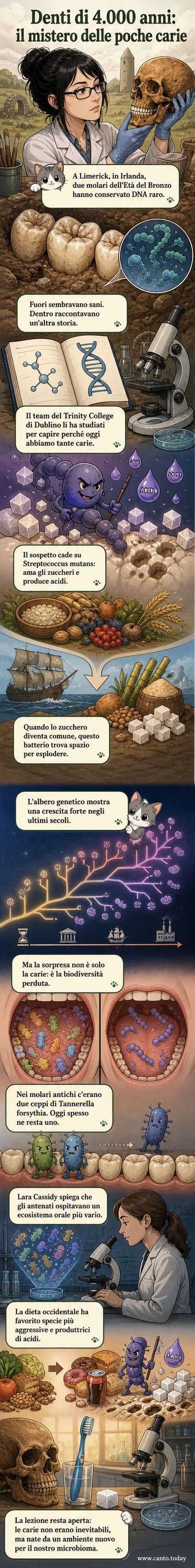 Illustrazione di un dente antico con batteri visibili sotto un microscopio, accanto a un grafico che mostra l'aumento di Streptococcus mutans negli ultimi secoli.