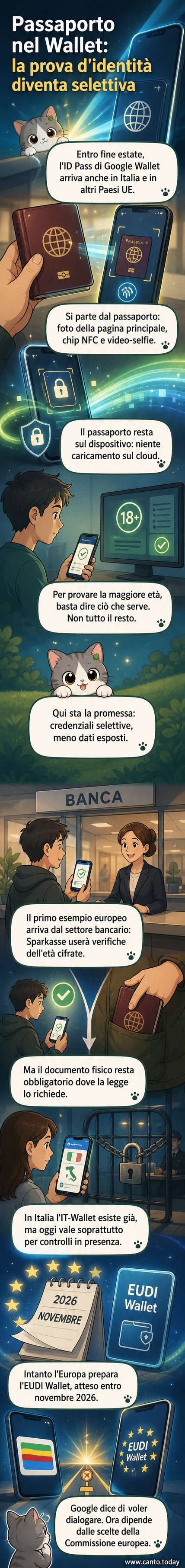 Schermata che mostra un passaporto italiano all'interno dell'app Google Wallet, con indicazione 'ID Pass' e pulsante per aggiungere al portafoglio digitale