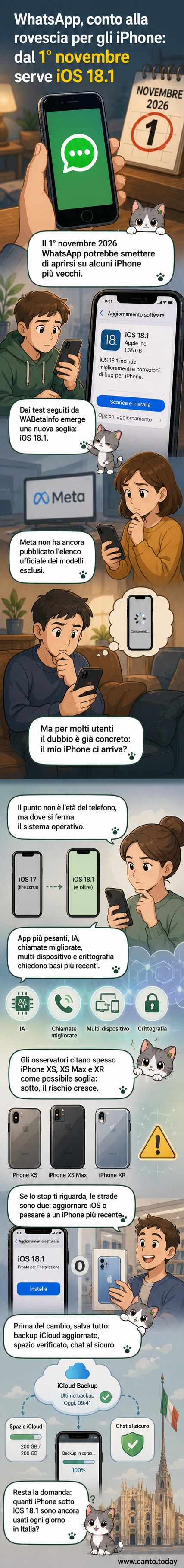 Illustrazione di uno smartphone iPhone con logo WhatsApp barrato, e data 1° novembre 2026 evidenziata in rosso