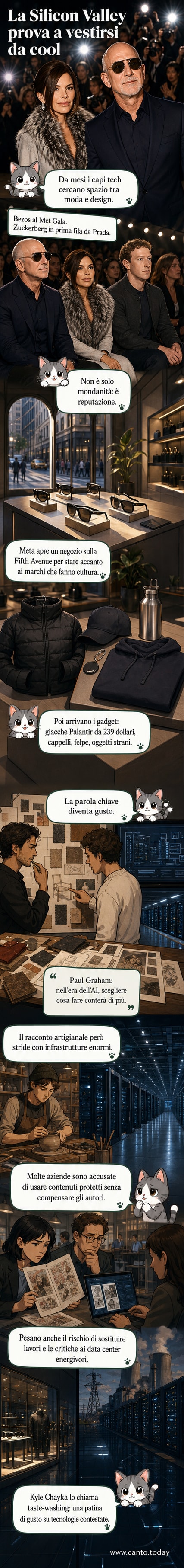 Illustrazione di un dirigente tech in giacca da lavoro stilizzata con logo aziendale, in piedi davanti a uno schermo con circuiti e simboli di AI, mentre indossa occhiali smart e guarda una passerella di moda.