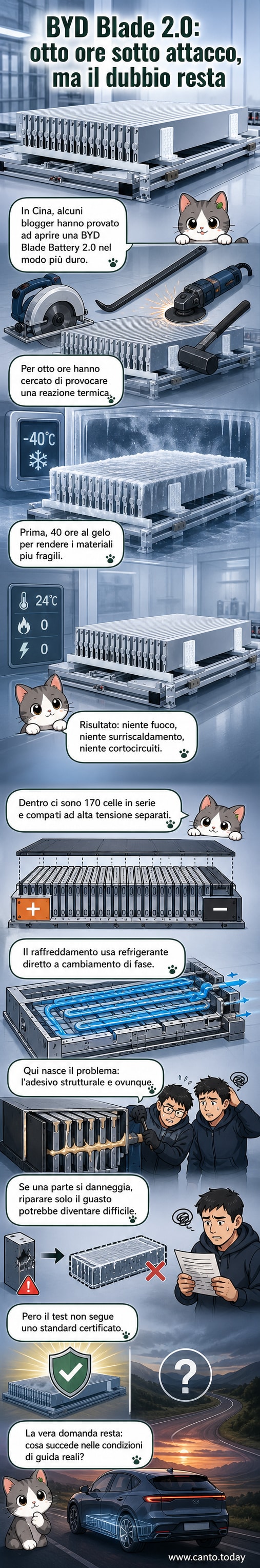 Pacco batteria BYD Blade Battery 2.0 durante un test estremo con utensili da lavoro, mostrato in sezione con celle e struttura interna rinforzata