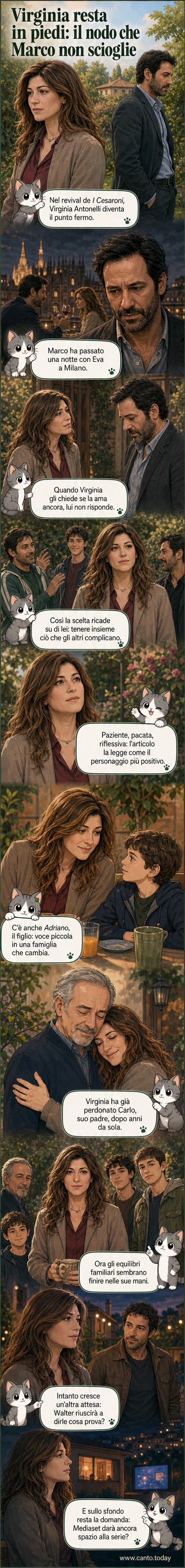 Illustrazione di Virginia Antonelli al centro della famiglia Cesaroni, con un'espressione calma mentre gli altri discutono intorno a lei.