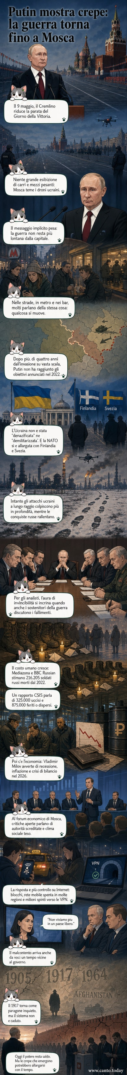 Illustrazione del Cremlino con crepe che si irradiano dai muri, simbolo del logoramento interno del regime di Putin causato dalla guerra in Ucraina.