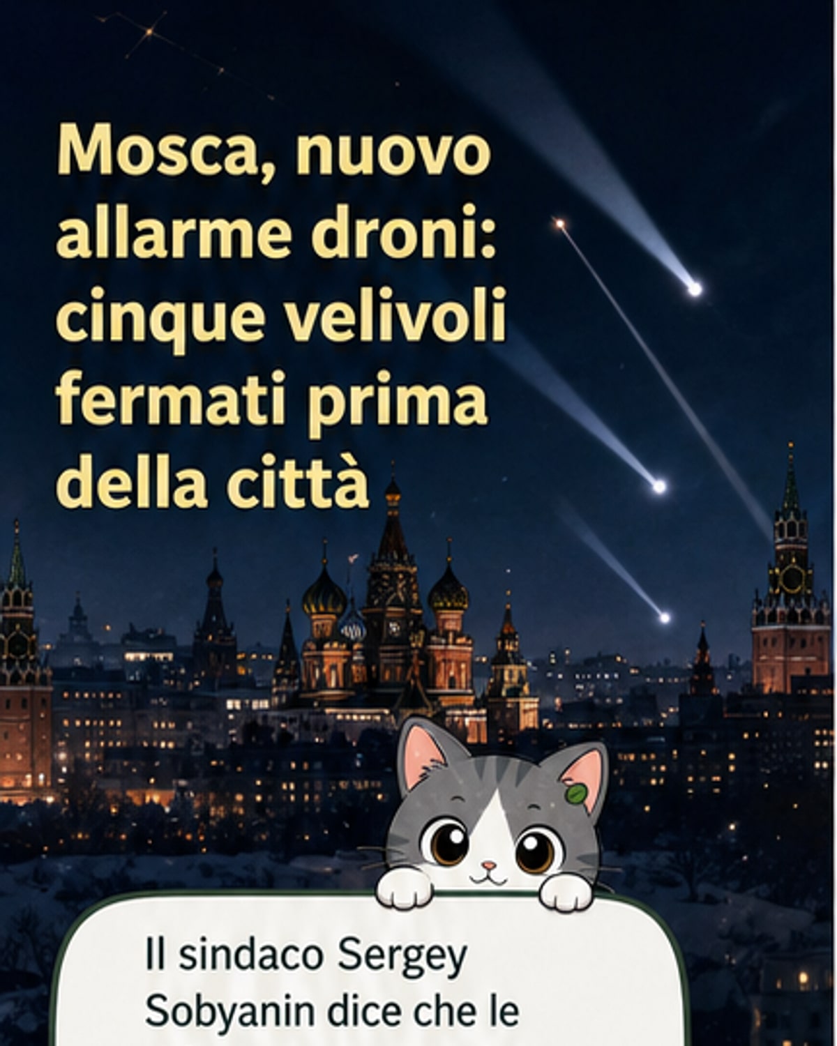 Illustrazione di un drone abbattuto sopra Mosca, con luci della città in sottofondo e squadre di emergenza in azione.