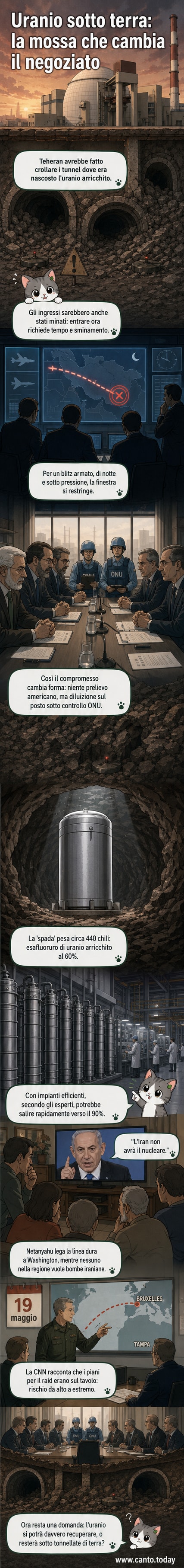 Un tunnel sotterraneo crollato e minato sotto una montagna in Iran, con un simbolo radioattivo visibile tra le macerie, sotto un cielo notturno con luci di guardie in lontananza.
