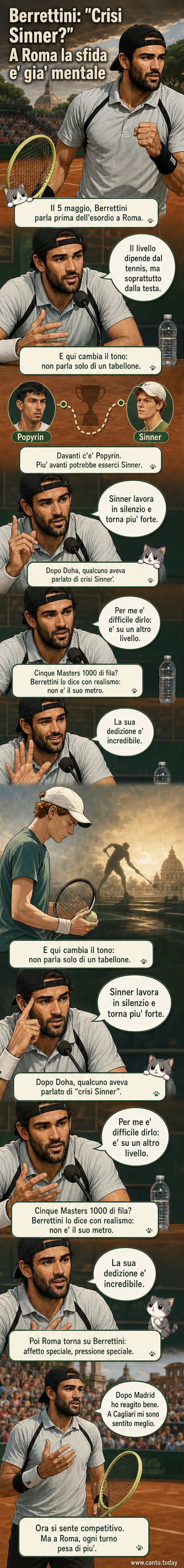 Matteo Berrettini parla in conferenza stampa durante gli Internazionali d'Italia 2026, con lo sguardo rivolto verso il campo da tennis in primo piano.