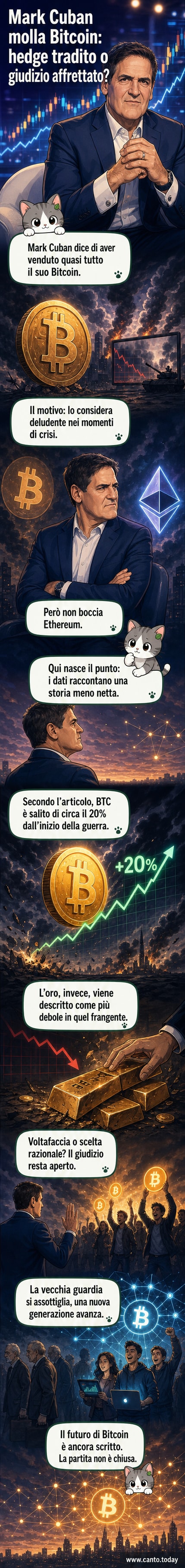 Illustrazione di Mark Cuban che lascia un portafoglio digitale con simboli di Bitcoin mentre guarda verso un grafico in calo, con Ethereum che brilla sullo sfondo.