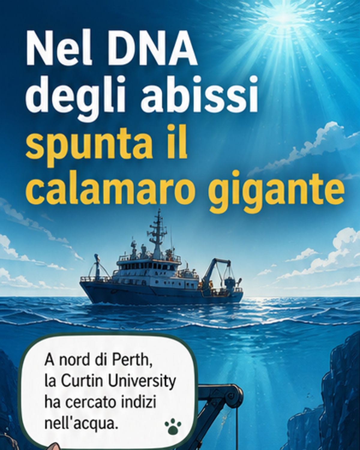 Illustrazione di un calamaro gigante nell'oscurità degli abissi oceanici, con occhi enormi e tentacoli lunghi, circondato da tracce di DNA che fluttuano nell'acqua.