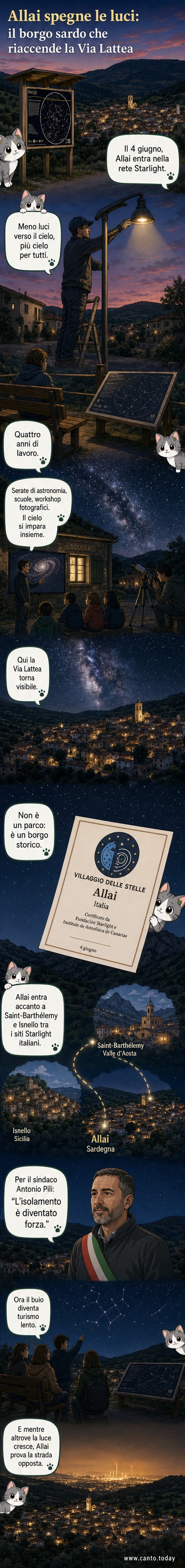 Un cielo notturno stellato sopra le colline della Sardegna, con il borgo di Allai in primo piano illuminato da luci calde e basse, panchine panoramiche puntate verso l'alto e una mappa stellare visibile su un pannello informativo.