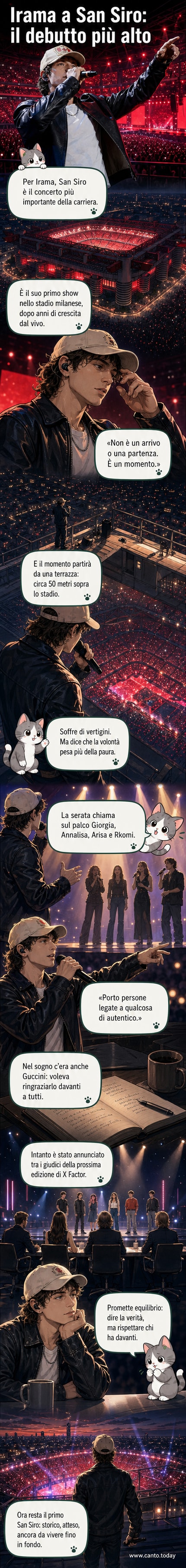 Irama sul palco di San Siro di notte, con luci e folla, mentre canta con un microfono in mano e sullo sfondo una terrazza elevata.