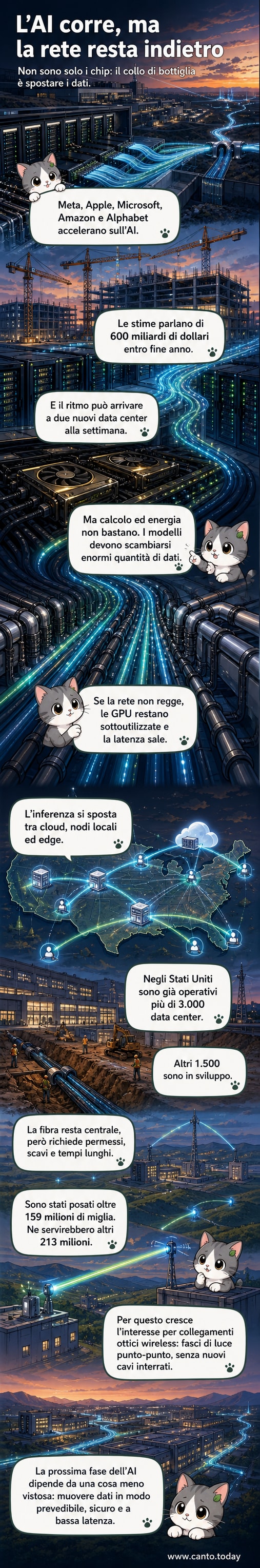 Un data center tech con connessioni di rete che si illuminano, mentre un grafico mostra un collo di bottiglia tra GPU e trasferimento dati.