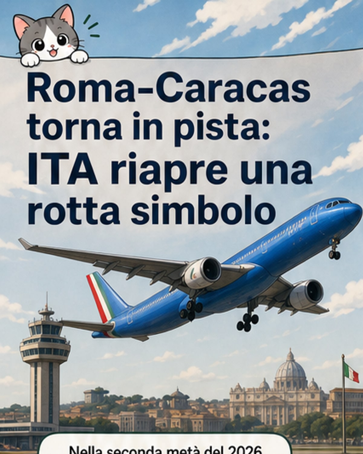 Un aereo Ita Airways in volo verso Caracas con lo skyline di Roma e Caracas in sottofondo, simbolo di un riavvicinamento dopo anni di distacco politico.