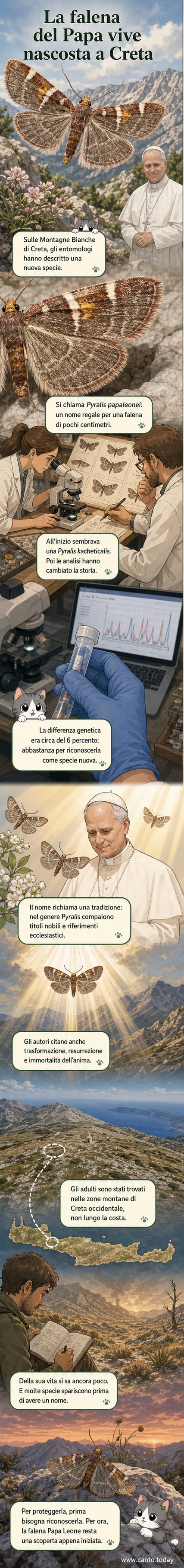 Illustrazione di una falena con ali anteriori arancio-dorate e una sottile fascia bianca, e ali posteriori grigio-viola con linee bianche, in un ambiente montano di Creta.