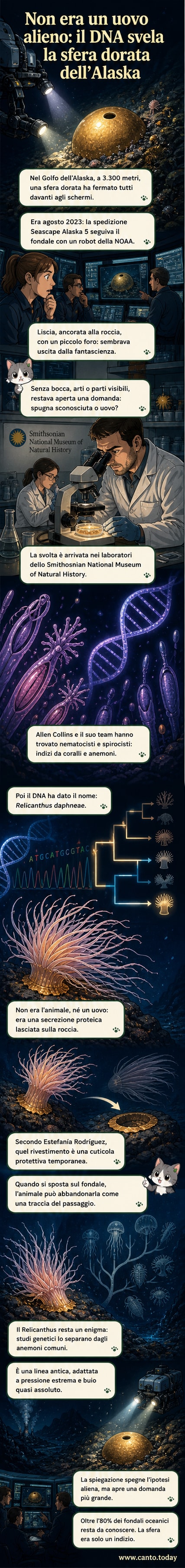 Illustrazione di una sfera dorata sul fondale marino, con un anemone simile a un Relicanthus daphneae che emerge da una roccia circostante.