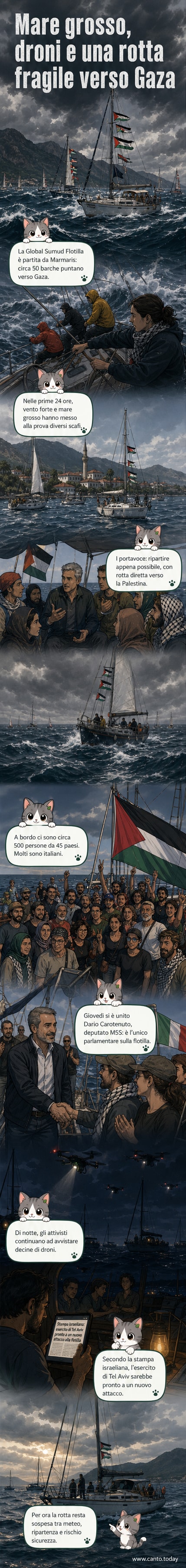 Una flottiglia di piccole barche in mare agitato, dirette verso Gaza, con droni israeliani visibili nel cielo notturno.